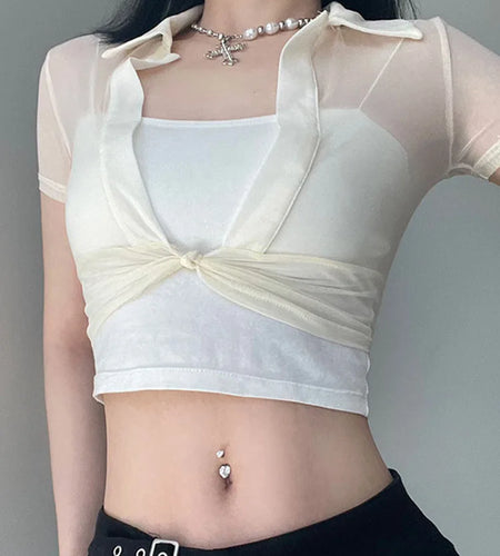 Women's Transparent Mesh Crop Top Short Sleeve V-Neck See through T-Shirt Y2K Streetwear Casual Club Party Sexy Split Tees