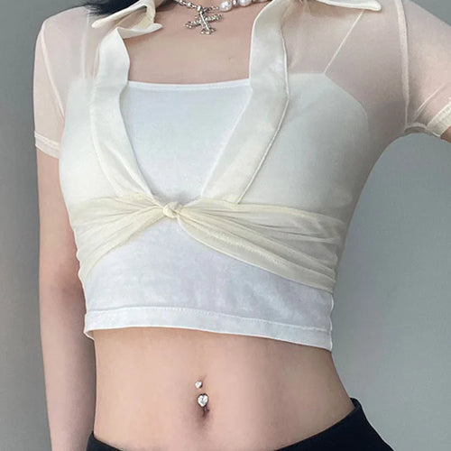 Load image into Gallery viewer, Women's Transparent Mesh Crop Top Short Sleeve V-Neck See through T-Shirt Y2K Streetwear Casual Club Party Sexy Split Tees
