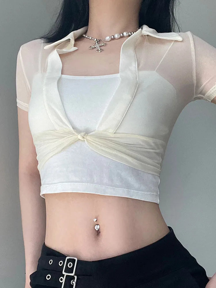 Women's Transparent Mesh Crop Top Short Sleeve V-Neck See through T-Shirt Y2K Streetwear Casual Club Party Sexy Split Tees