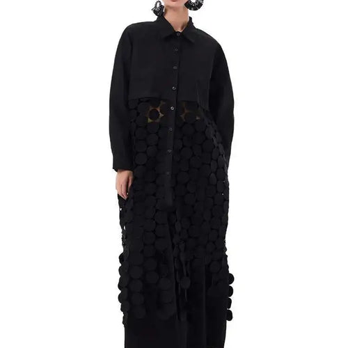 Load image into Gallery viewer, Women White Dot Tassels Hollow Out Midi Big Size Shirt Dress New Lapel Long Sleeve Fashion Tide Spring Autumn 2025 1DH9464
