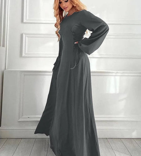 Ribbed Bandage Sexy Maxi Dress For Women Solid Lace-up O Neck Long Sleeve High Waist Elegant Long Dress Fashion