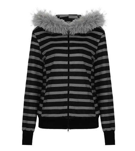 Striped Women Hoodies Coats 2024 Ropa Mujer Furry Hooded Zipper Sweatshirts Y2k Tops Casual Fashion Korean Hoodie Ropa Mujer