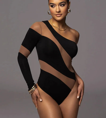 Sexy Stripe Long Sleeve Bodysuit Women One Shoulder Tight Elastic Female Bodysuit Casual Fashion Street Autumn New 2023