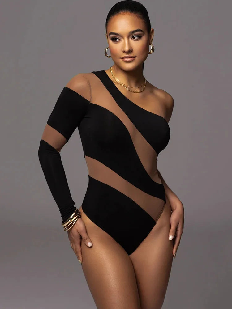 Sexy Stripe Long Sleeve Bodysuit Women One Shoulder Tight Elastic Female Bodysuit Casual Fashion Street Autumn New 2023