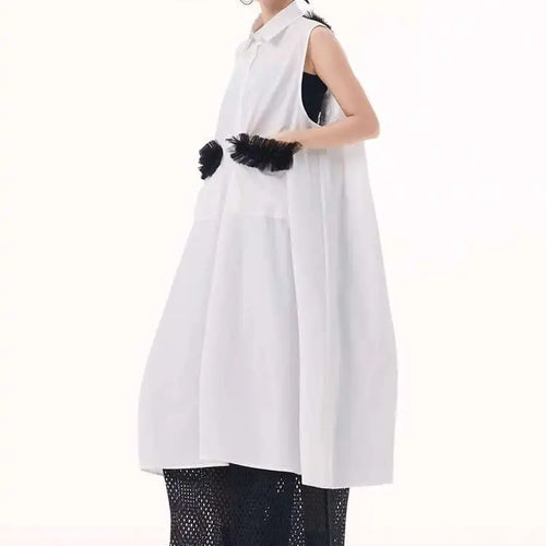Load image into Gallery viewer, Women White Mesh Color-block Backless Big Size Shirt Dress New Lapel Sleeveless Fashion Tide Spring Summer 2025 1DH9518
