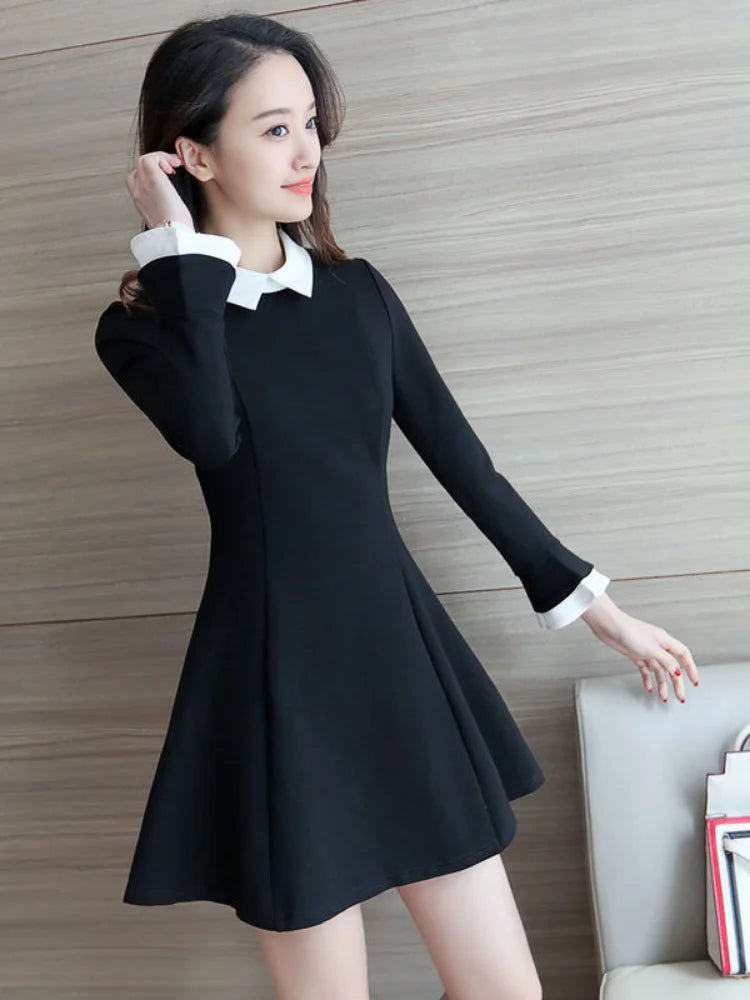 Vintage School Student Black Dress Women Korean Style Kpop Fashion Short Dresses Party Long Sleeve Spring Fashion