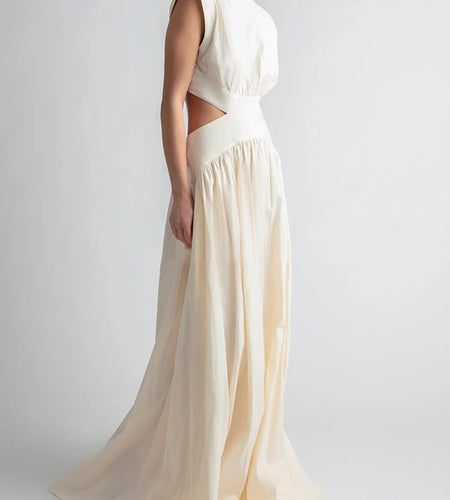 Solid Elegant Long Dress For Women Stand Collar Sleeveless Hollow Out High Waist Midi Dresses Female 2022 Clothing Style New