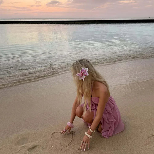 Load image into Gallery viewer, Rose Halter Backless Sexy Mini Dress Women Pink Off-shoulder Strapless Sleeveless High Waist Club Party Beach Dress
