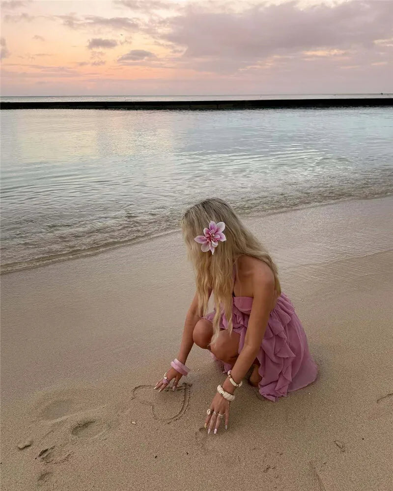 Rose Halter Backless Sexy Mini Dress Women Pink Off-shoulder Strapless Sleeveless High Waist Club Party Beach Dress