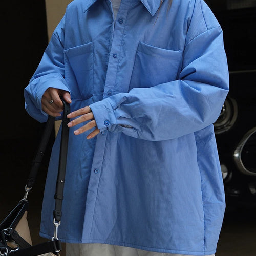 Load image into Gallery viewer, Women Blue Plaid Cotton-padded Big Size Warm Blouse New Lapel Long Sleeve Shirt Fashion Tide Autumn Winter 2025 1DH7214
