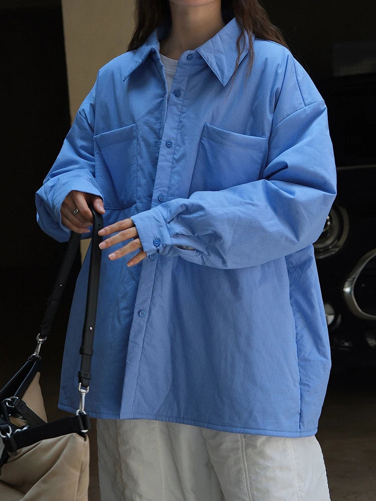 Women Blue Plaid Cotton-padded Big Size Warm Blouse New Lapel Long Sleeve Shirt Fashion Tide Autumn Winter 2025 1DH7214