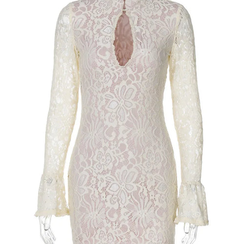 Load image into Gallery viewer, Lace Hollow Out Long Sleeve Sexy Mini Dress For Women Fashion Half High Collar Bodycon Club Party Dress Elegant Dresses
