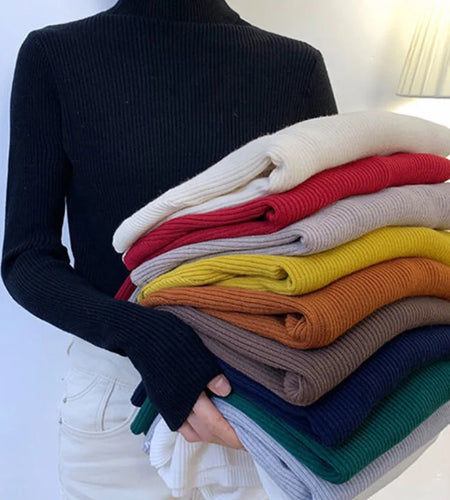 New 2025 Women Pullover Turtleneck Sweater Autumn Long Sleeve Slim Elastic Korean Simple Basic Cheap Jumper Solid Color Top