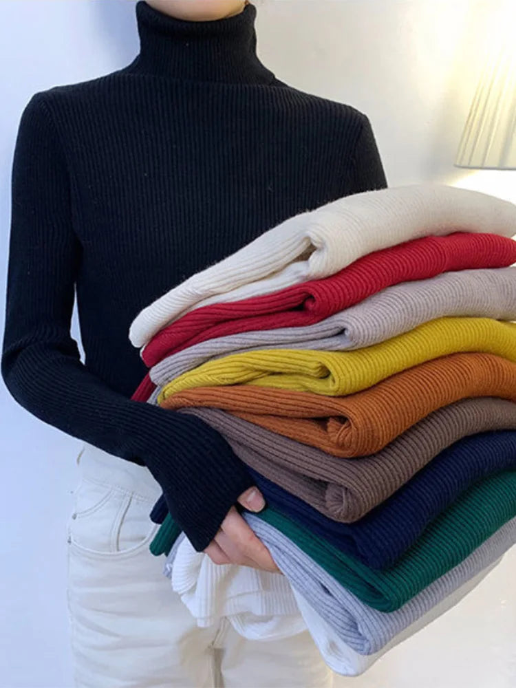 New 2025 Women Pullover Turtleneck Sweater Autumn Long Sleeve Slim Elastic Korean Simple Basic Cheap Jumper Solid Color Top