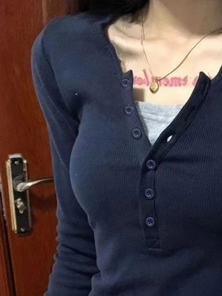 Y2k Aesthetic Casual Fake Two Piece T-shirt Womens Harajuku Patchwork Vintage Top Streetwear Grunge Single Breasted Shirts Femme