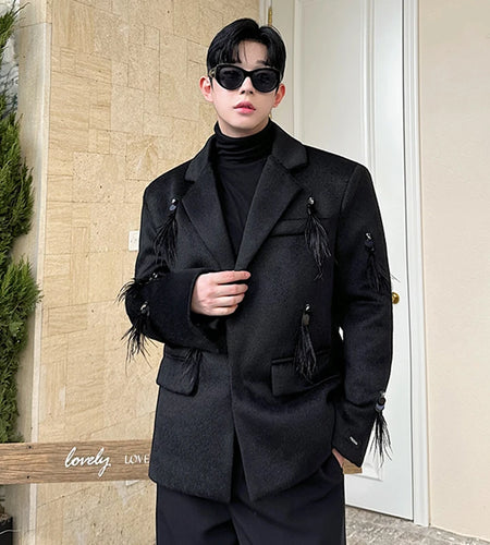 Niche Design Men's Blazers Lapel Sequins Feather Handmade Woolen Single Breasted Solid Color Male Suit Jackets Chic 9C8868