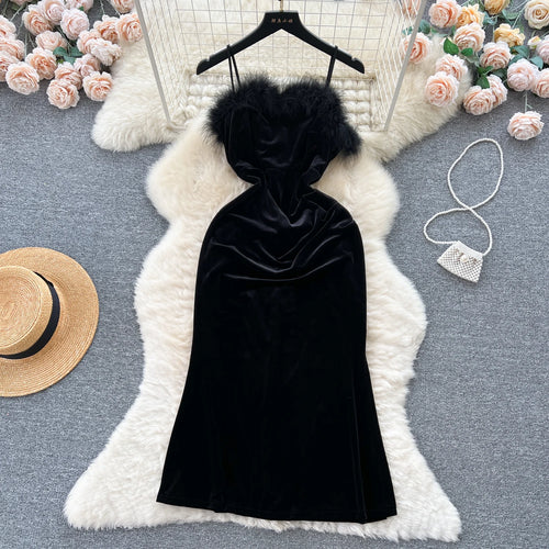 Load image into Gallery viewer, French Red Sexy Elegant Hairy Patchwork Velvet Slip Dress Spring Summer Vintage Black Evening Party Club Midi Dress Women Simple
