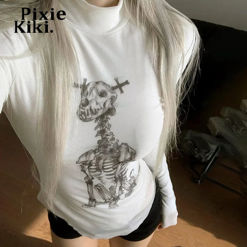 Load image into Gallery viewer, Skull Print Mesh Splicing Sheer Long Sleeve Top Y2k Shirts Goth Emo 2000s Clothes Graphic Tees White P85-BZ11
