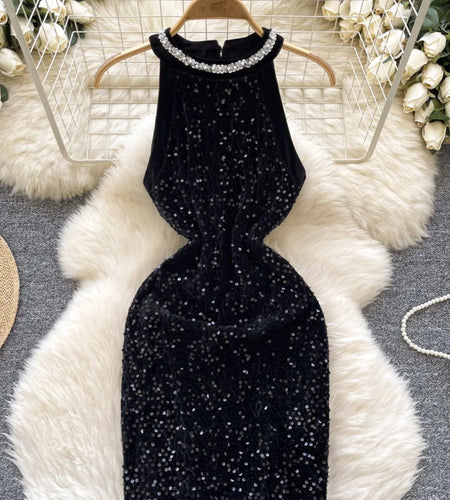 French Vintage Black Sequins Diamond Elegant Sleeveless Short Dresses Summer Fashion Off Shoulder Party Evening Dress Ladies New