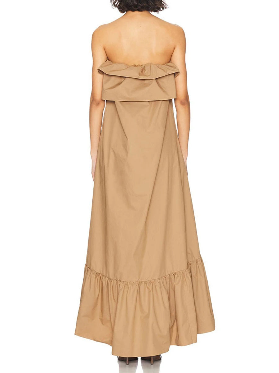 Solid Loose Spliced Ruffles Folds Casual Dresses for Women Strapless Sleeveless Minimalist Long Dress Female New