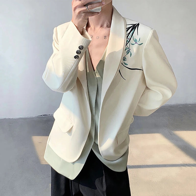 Men's Suit Jacket Orchid Embroidered Design Double-layered Shawl Collar Blazer Stylish New Chinese Style Male Top 9W1704