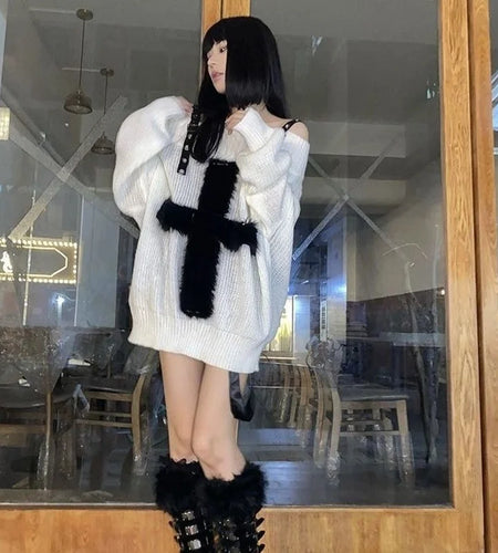 Harajuku Punk Knitwear Women Off Shoulder Belted Thin Sweater Cross Fur Patch 2025 Autumn Loose Gothic Y2k Pullover