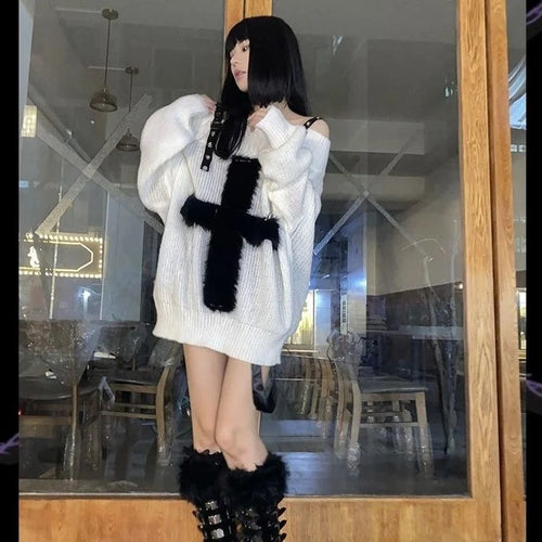 Load image into Gallery viewer, Harajuku Punk Knitwear Women Off Shoulder Belted Thin Sweater Cross Fur Patch 2025 Autumn Loose Gothic Y2k Pullover
