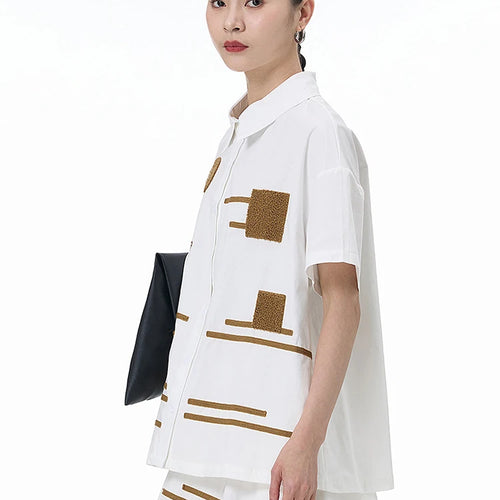 Load image into Gallery viewer, Women White Patch Spliced Big Size Casual Blouse New Lapel Short Sleeve Shirt Fashion Tide Spring Summer 2025 1DJ1495
