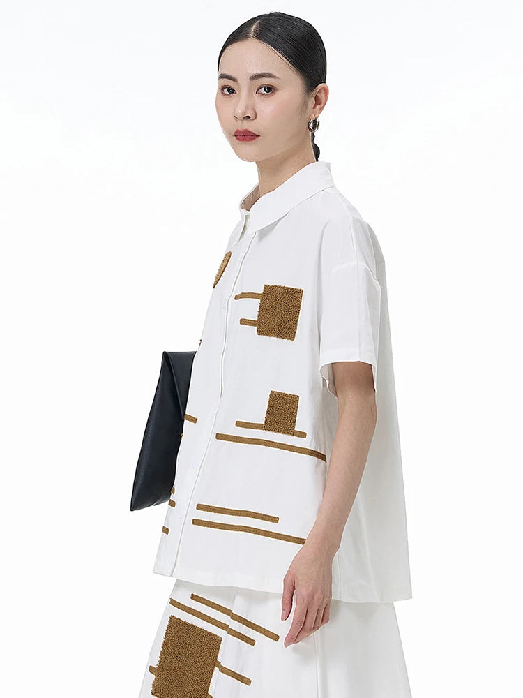 Women White Patch Spliced Big Size Casual Blouse New Lapel Short Sleeve Shirt Fashion Tide Spring Summer 2025 1DJ1495