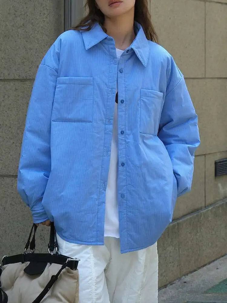 Women Blue Plaid Cotton-padded Big Size Warm Blouse New Lapel Long Sleeve Shirt Fashion Tide Autumn Winter 2025 1DH7214