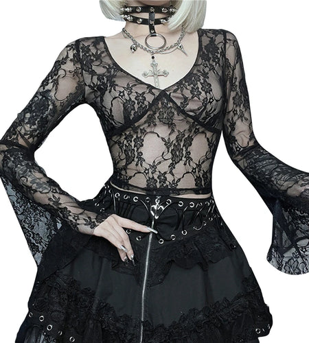 Cyber y2k Tops Women Aesthetic See Through Floral Lace Flared Long Sleeve T Shirt 2000s Goth Grunge Clothing Streetwear