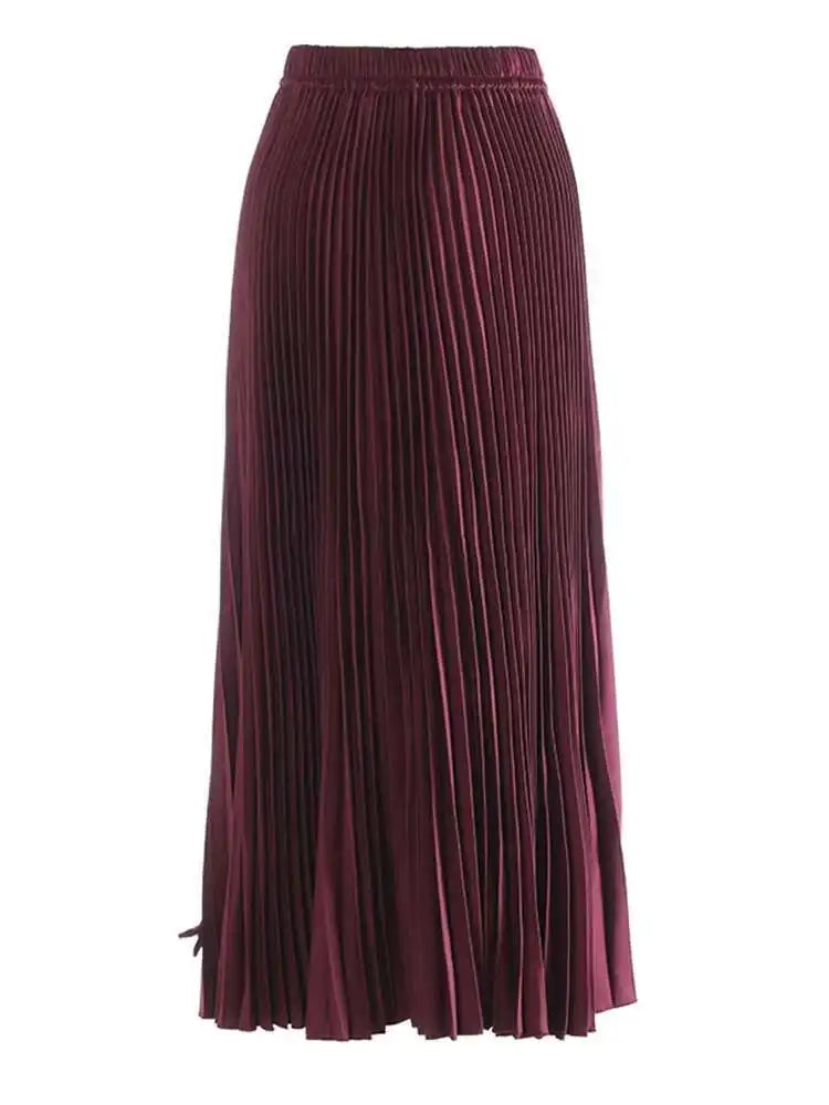 High Elastic Waist Wine Red Bow Spliced Pleated Elegant Half-body Skirt Women Fashion Tide New Spring Autumn 2025 1DH9840