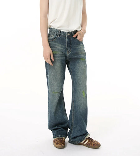 American Men's Jeans New Wrinkle Brushed Paint Micro Flared Trendy Male Casual Washed Denim Pants High Street 9W1843