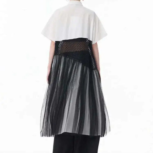 Load image into Gallery viewer, Women White Mesh Color-block Big Size Midi Shirt Dress New Lapel Short Sleeve Fashion Tide Spring Summer 2025 1DJ0045
