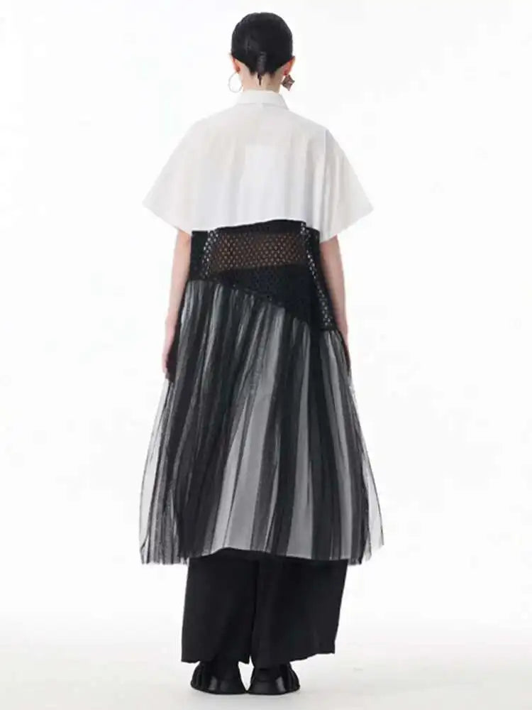 Women White Mesh Color-block Big Size Midi Shirt Dress New Lapel Short Sleeve Fashion Tide Spring Summer 2025 1DJ0045
