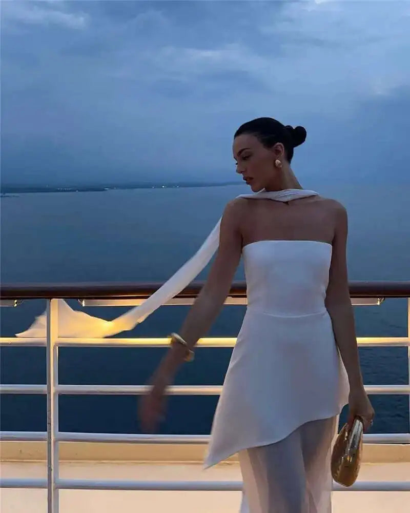 Elegant Strapless Sexy Maxi Dress For Women Gown With Scarf Off-shoulder Sleeveless Backless Split Beach Long Dress