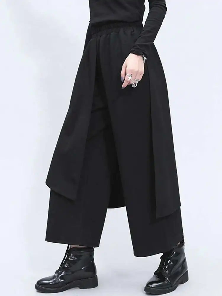 High Elastic Waist Black Split Joint Long Wide Leg Trousers New Loose Fit Pants Women Fashion Spring Autumn 2025 1Z325