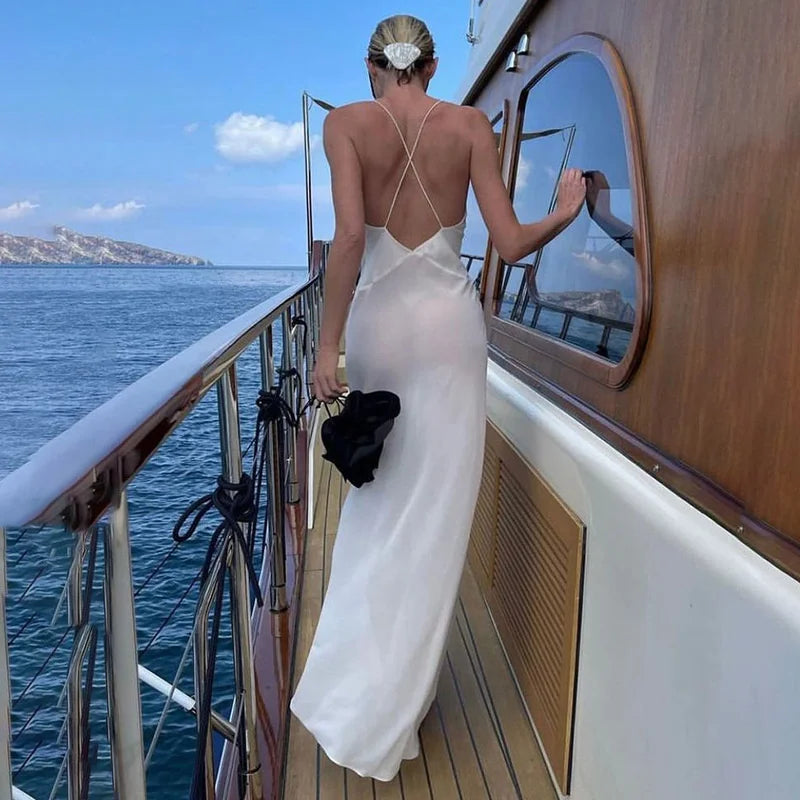 Deep V Neck Tie Flower Backless Maxi Dress Women New Spaghetti Strap Sleeveless Long Dress Elegant Sexy Club Slipdress