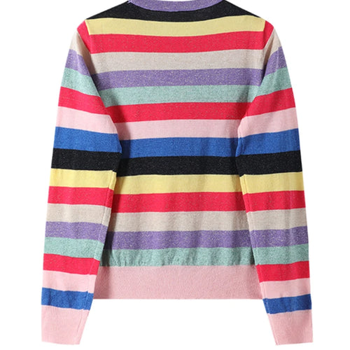 Load image into Gallery viewer, Rainbow Colorful Stripe Print Women Casual Sweaters Fashion O-neck Knitwear Loose Pullovers Lurex Jumper Pull  B-042
