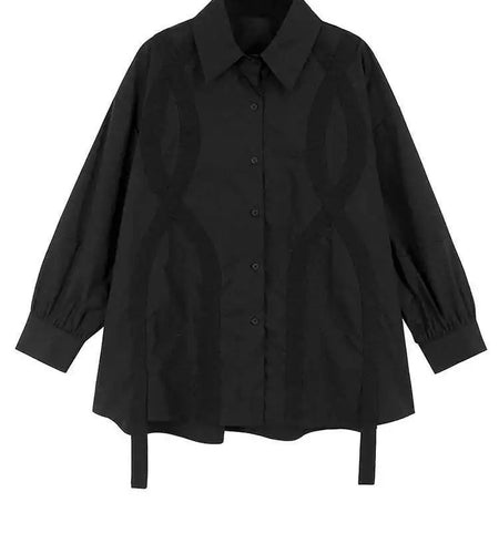 Women Black Cross Ribbon Big Size Casual Blouse New Lapel Long Sleeve Shirt Fashion Tide Spring Autumn 2025 1DH4579
