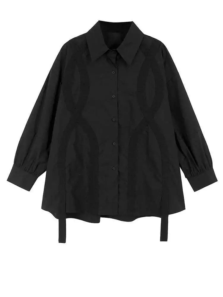 Women Black Cross Ribbon Big Size Casual Blouse New Lapel Long Sleeve Shirt Fashion Tide Spring Autumn 2025 1DH4579
