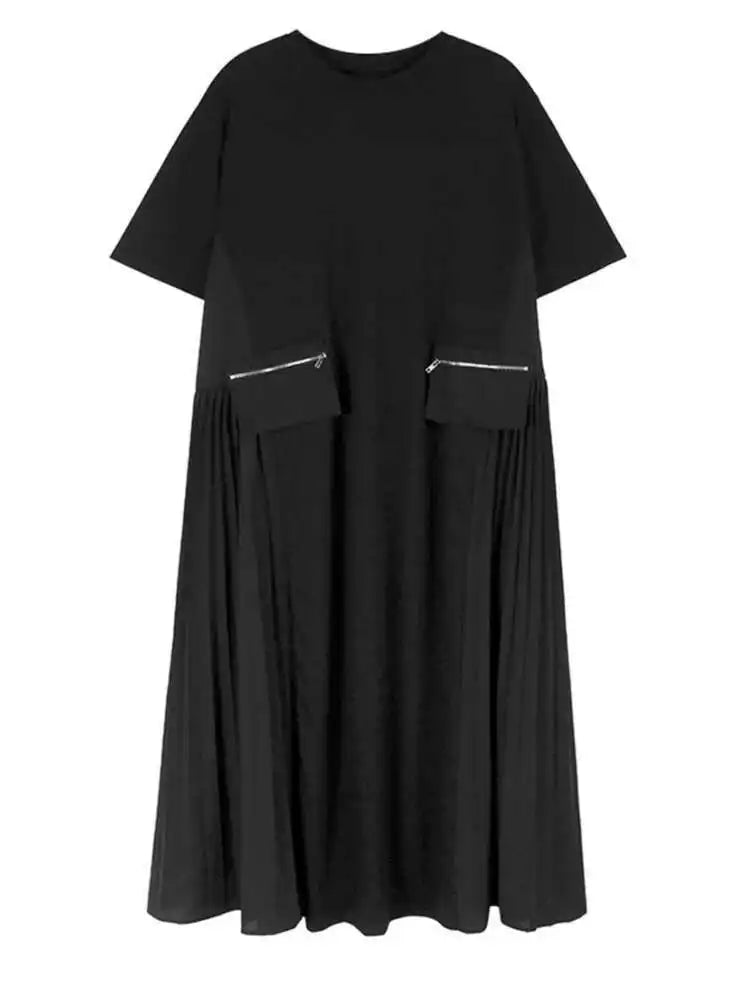 Women Black Pocket Pleated Big Size Midi Casual Dress New Round Neck Short Sleeve Fashion Tide Spring Summer 2025 1DJ0137