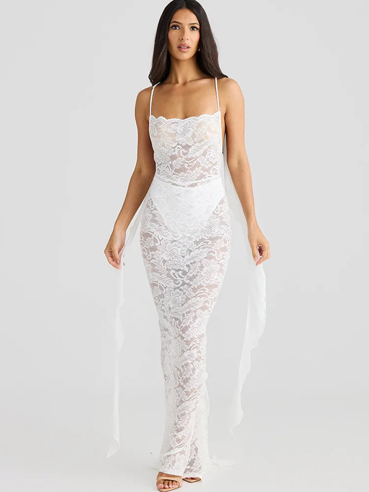 Sexy Sleeveless Lace Patchwork Print Women Backless Party Evening Dress 2024 New Trailing Long Skirt Flowing Vestido