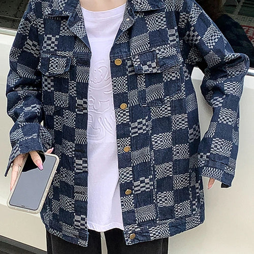 Load image into Gallery viewer, Autumn Chessboard Checker Denim Coat Women Korean Fashion Loose Retro Blue Black Plaid Denim Jackets Women Top
