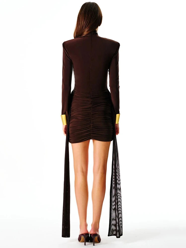 Turtleneck Long Sleeve Sexy Mini Dress For Women New Fashion Draped Ruched Bodycon Club Party Dress Elegant New Dresses