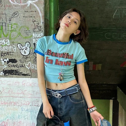 Load image into Gallery viewer, Japanese Y2k Letter Print T-shirt Vintage Harajuku Patchwork Crop Top 2000s Style Short Sleeve Tee Shirt American Retro
