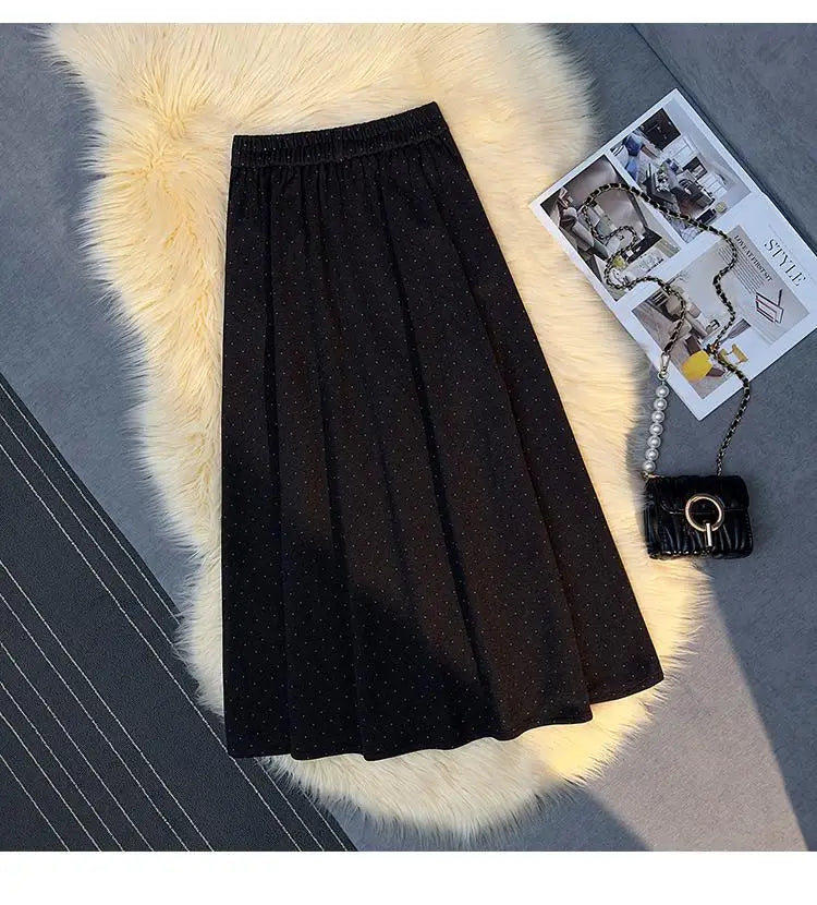 French Vintage Women Polka Dot Elegant High Waist Party Long Skirts 2024 Autumn Winter Woolen A-line Pleated Half Skirt Fashion