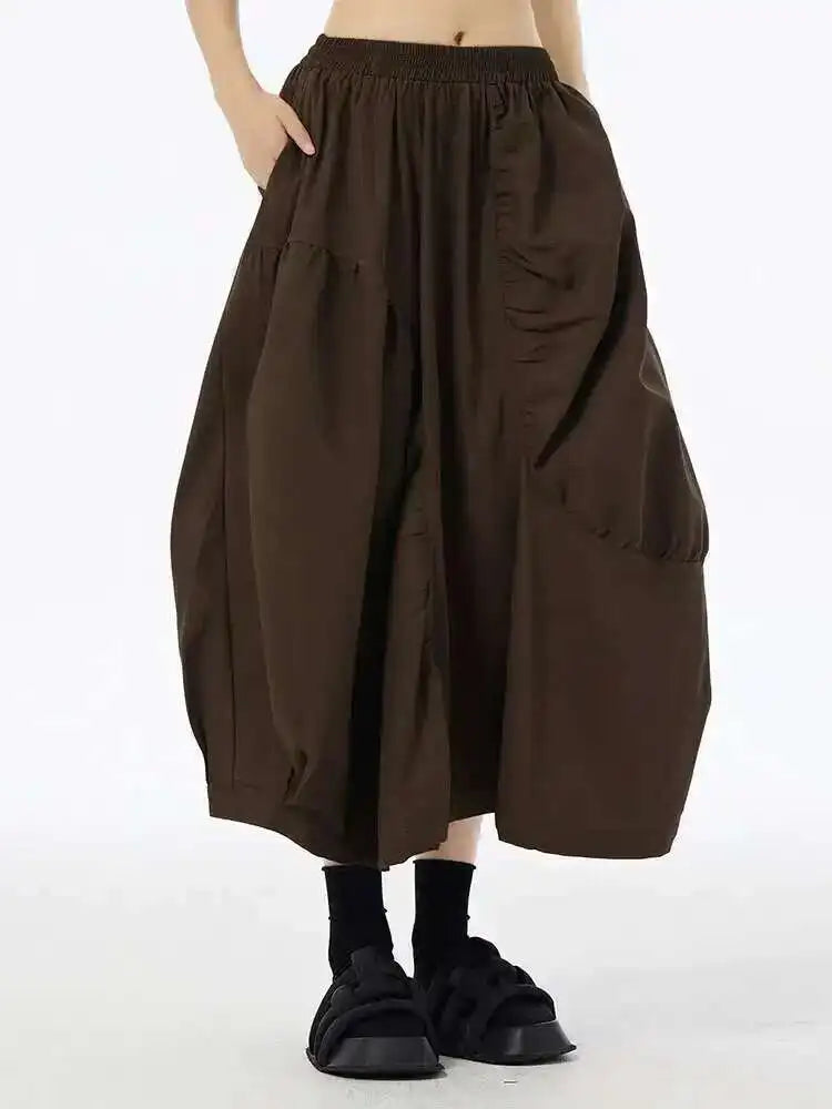 High Elastic Waist Coffee Irregular Pleated Casual Midi Half-body Skirt Women Fashion Tide New Spring Autumn 2025 1DH6613