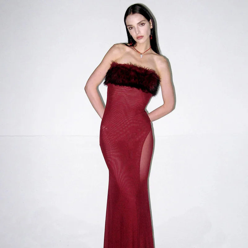 Feather Strapless Backless Sexy Maxi Dress For Women Wine Red Mesh Patchwork Sleeveless Backless Bodycon Club Dress