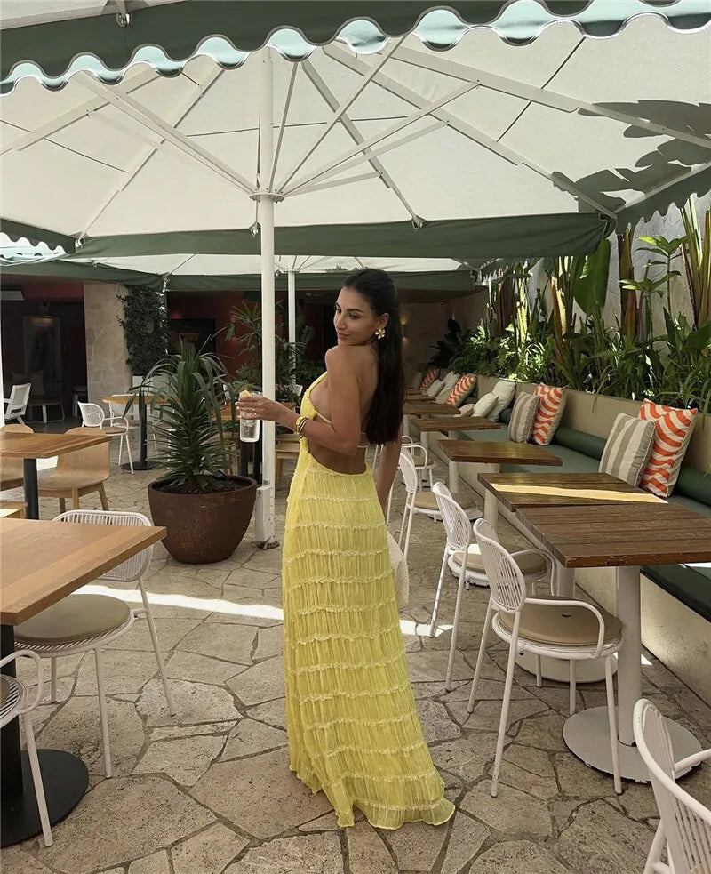 Halter Backless Sexy Maxi Dress For Women Spring Summer New Lace-up Sleeveless Pleated Beach Holiday Long Dress Elegant